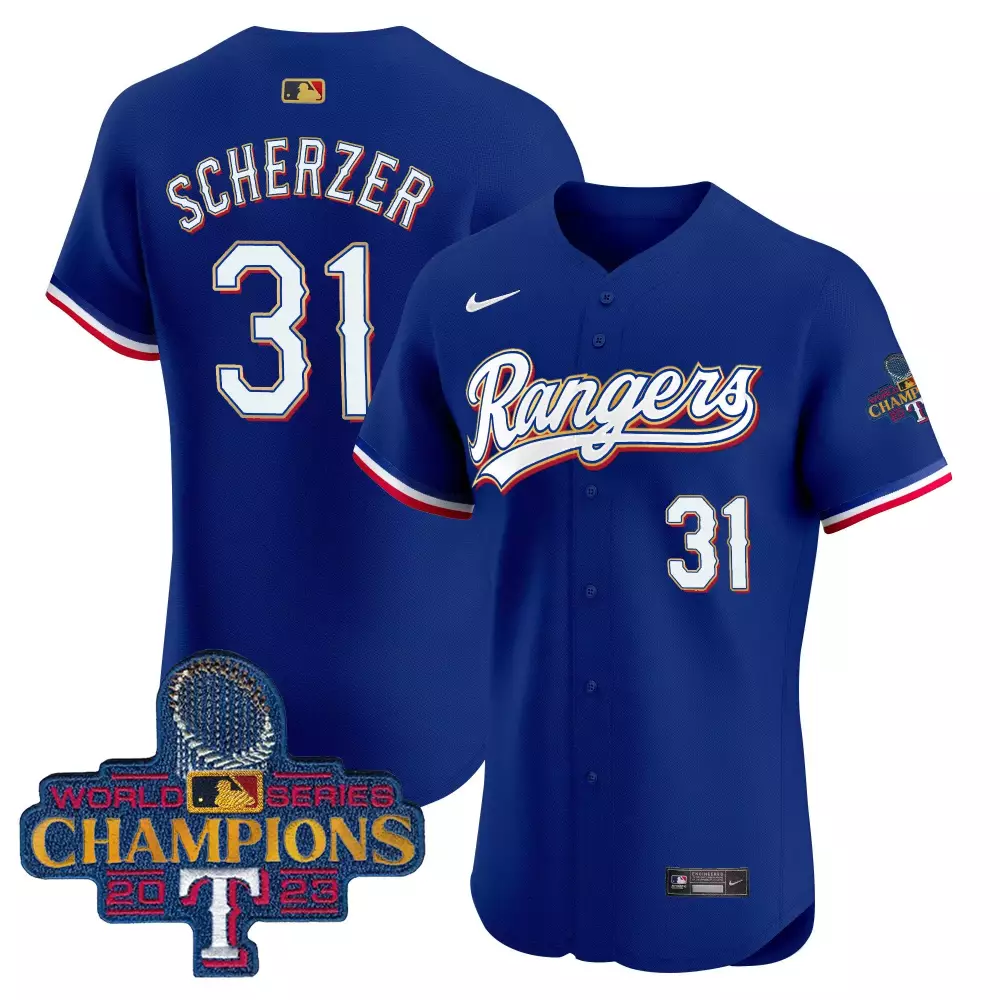Max Scherzer 31 Rangers Jersey Blue 2023 World Series Champions Men Red White Vapor