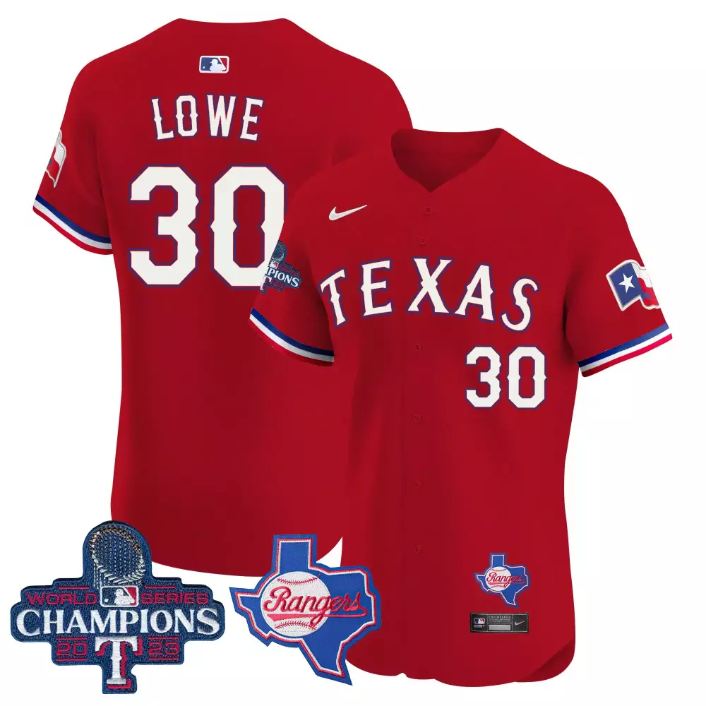 Lowe 30 Texas Rangers Jersey Red 2023 World Series Champions Men White Blue All Stitched
