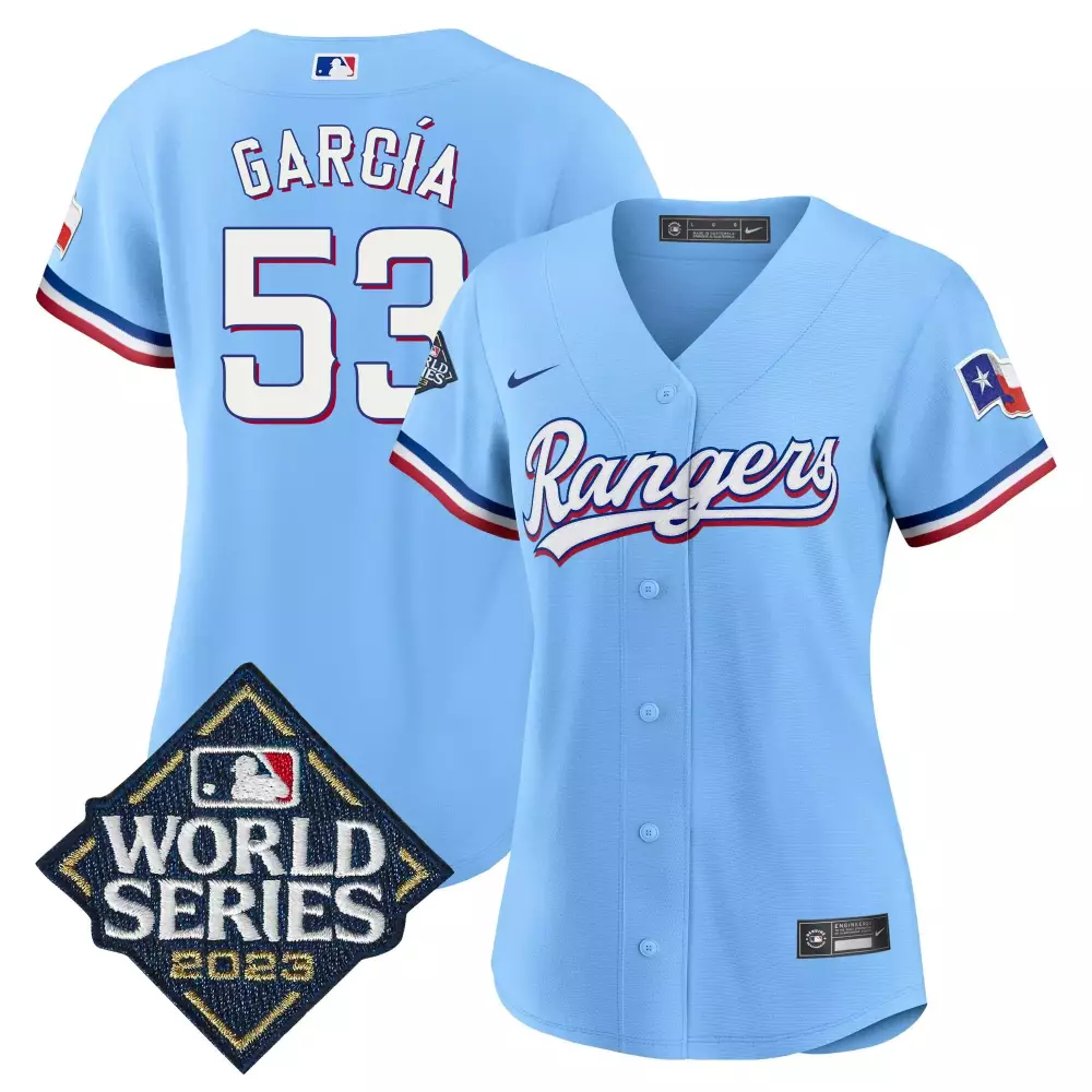 Adolis Garcia 53 Rangers Jersey Light Blue World Series 2023 Men White Red All Stitched