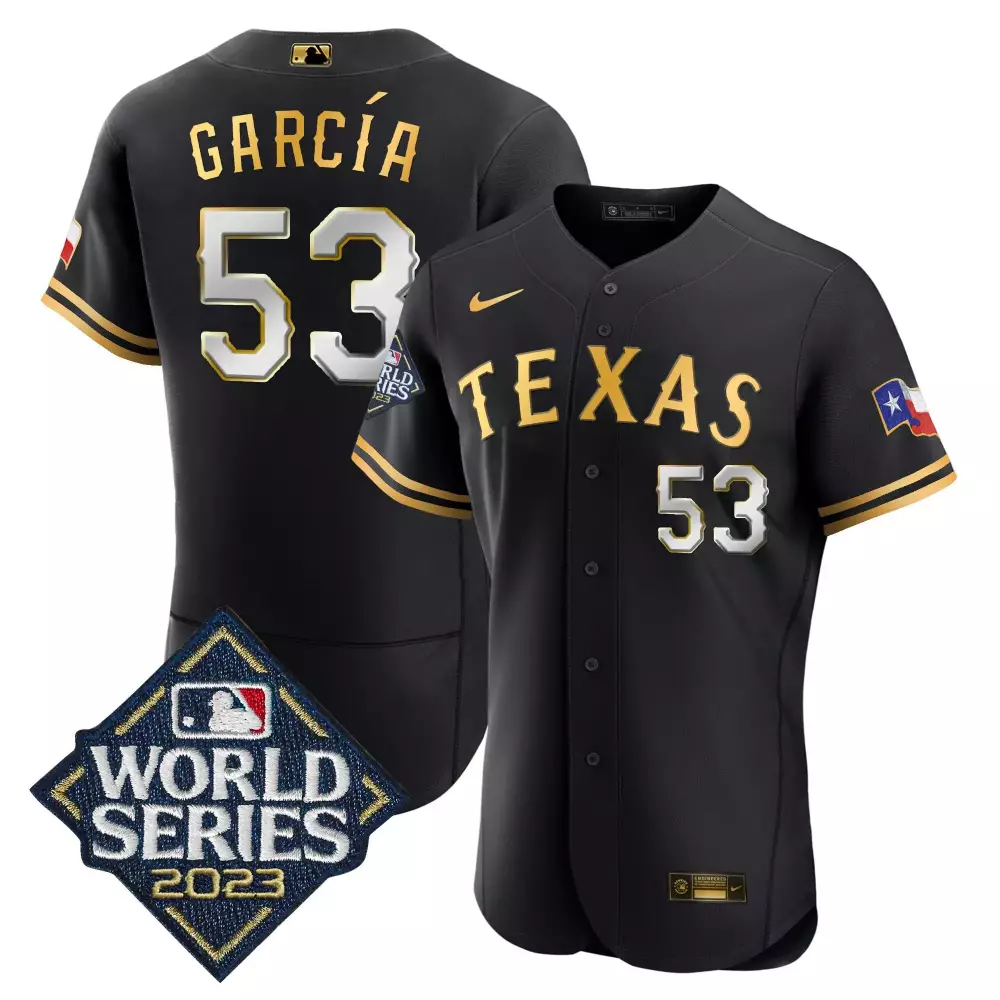 Adolis Garcia 53 Texas Rangers Jersey Black World Series 2023 Men Gold White Flex