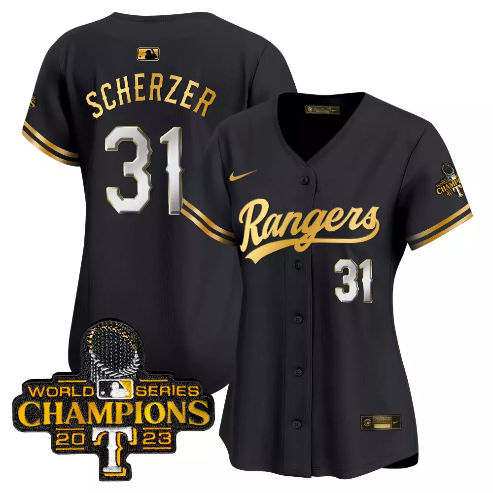 Max Scherzer 31 Rangers Jersey Black World Series Champions 2023 Men Gold Vapor Premier