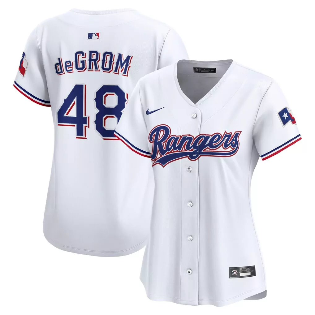 Jacob Degrom 48 Rangers Jersey White Texas Flag Women Blue Red Home Limited