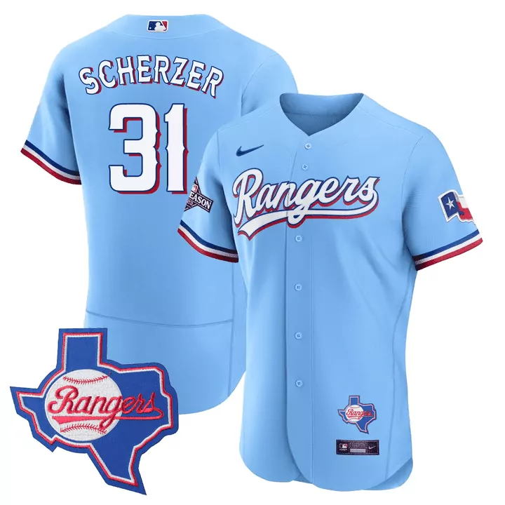 Max Scherzer 31 Rangers Jersey Light Blue City Connect Season Men White Red All Stitched