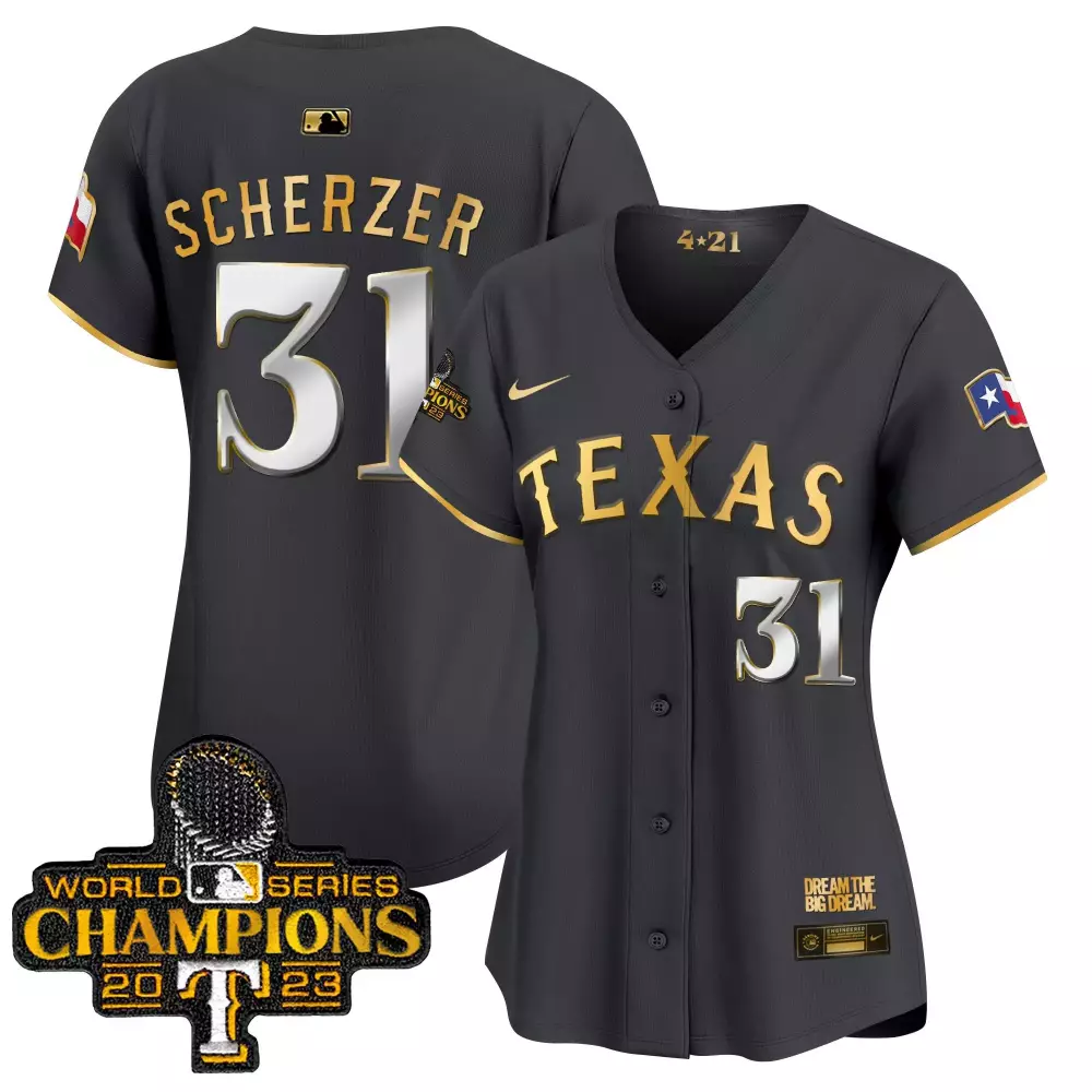 Max Scherzer 31 Texas Rangers Jersey Charcoal 2023 World Series Champions Women Gold