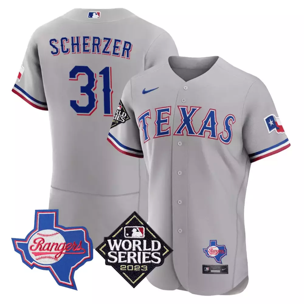 Max Scherzer 31 Texas Rangers Jersey Gray World Series 2023 Men Blue Red All Stitched