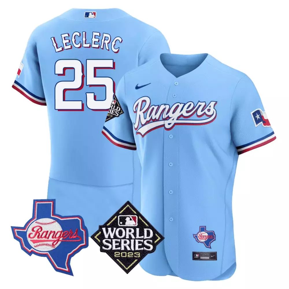 Jose Leclerc 25 Rangers Jersey Light Blue 2023 World Series Texas Shape Men Red White