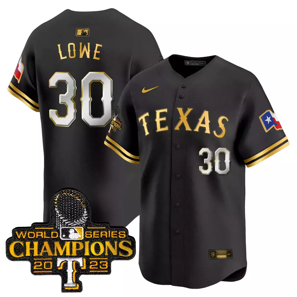 Nathaniel Lowe 30 Texas Rangers Jersey Black 2023 World Series Champions Men Gold