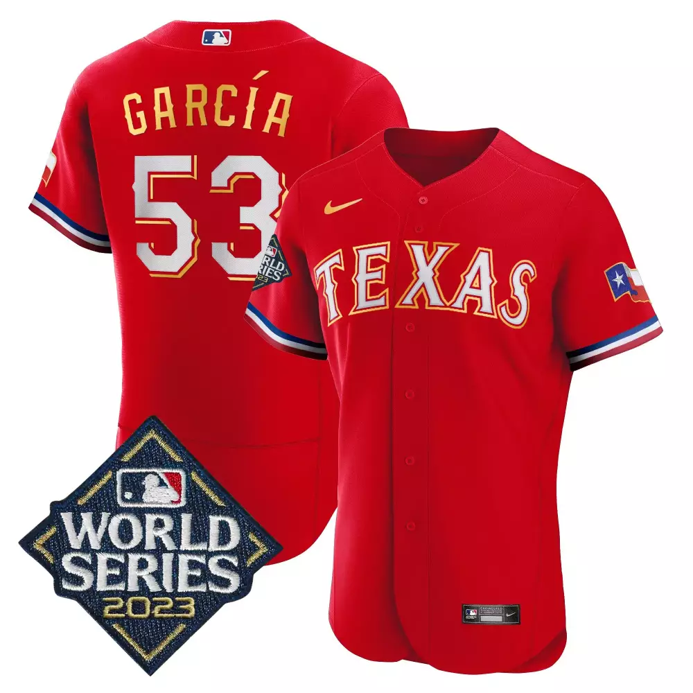 Adolis Garca 53 Texas Rangers Jersey Red 2023 World Series Men White Blue All Stitched