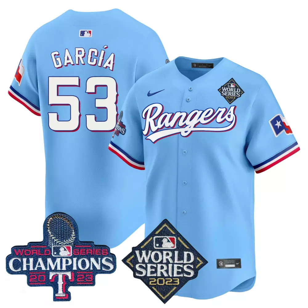 Adolis Garcia 53 Rangers Jersey Light Blue World Series 2023 Champions Men White