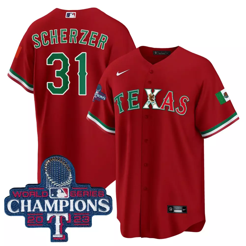 Max Scherzer 31 Texas Rangers Jersey Red Mexico Day World Series Champions 2023 Men