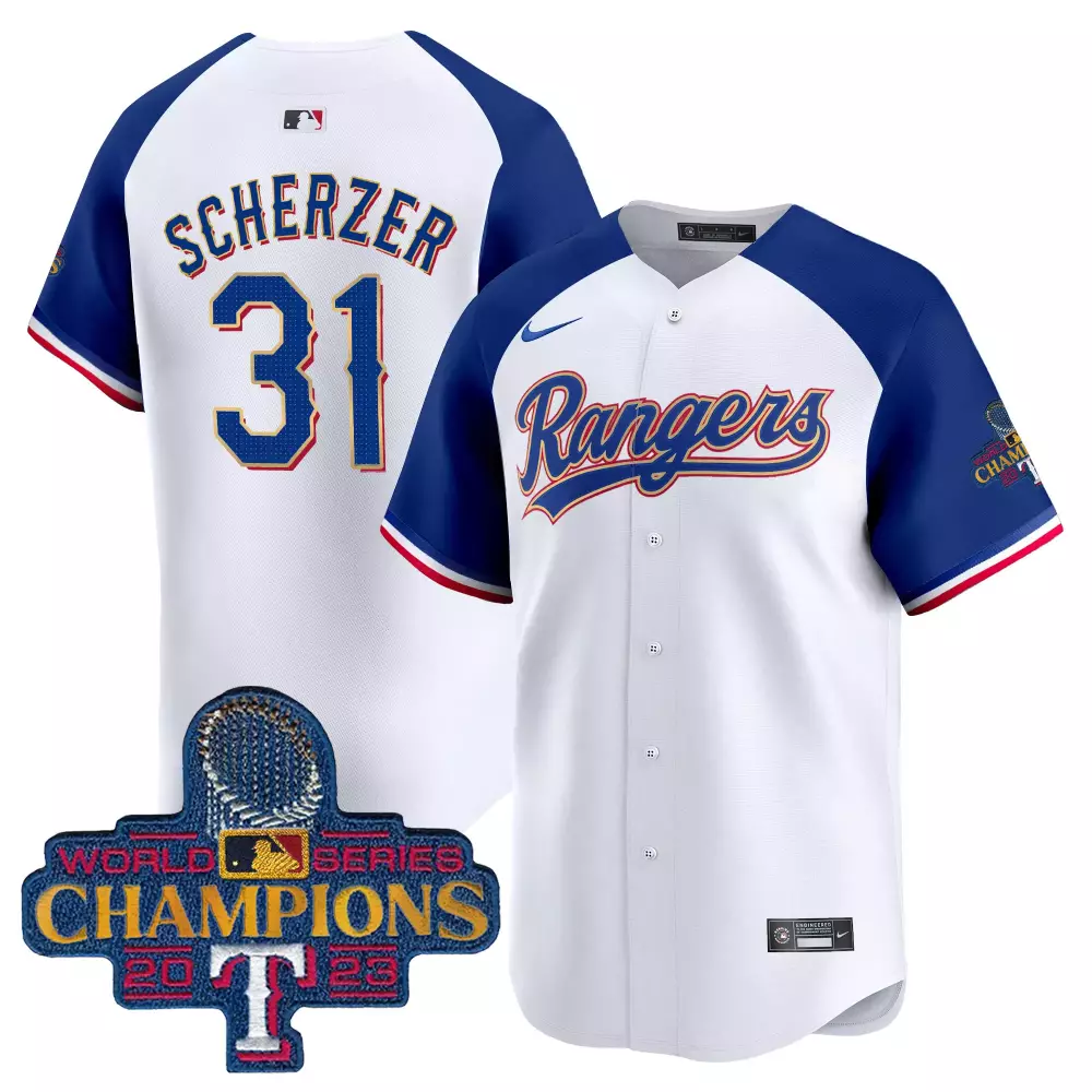 Max Scherzer 31 Rangers Jersey White World Series Champions 2023 Men Blue Red Alternate