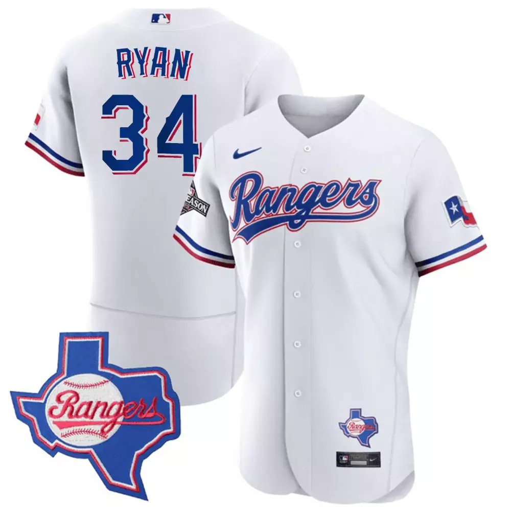Nolan Ryan 34 Rangers Jersey White 2020 Season Texas State Shape Men Blue Red All