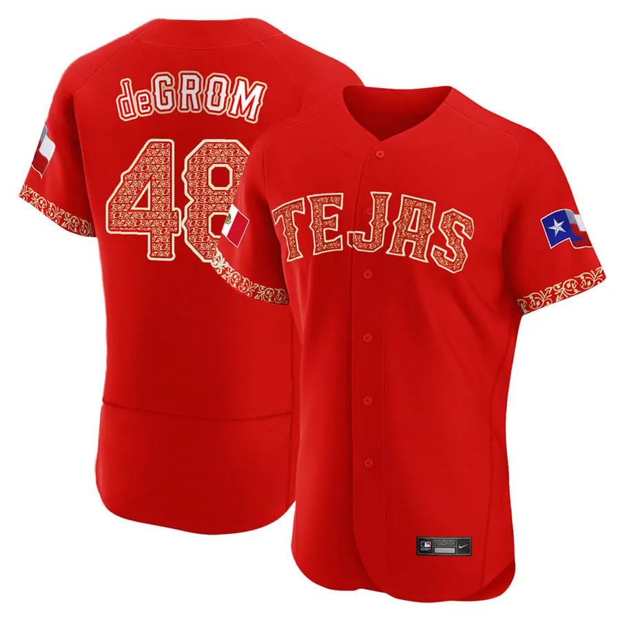 Jacob Degrom 48 Texas Jersey Red Mexico Flag Men Split Design Gold White All Stitched