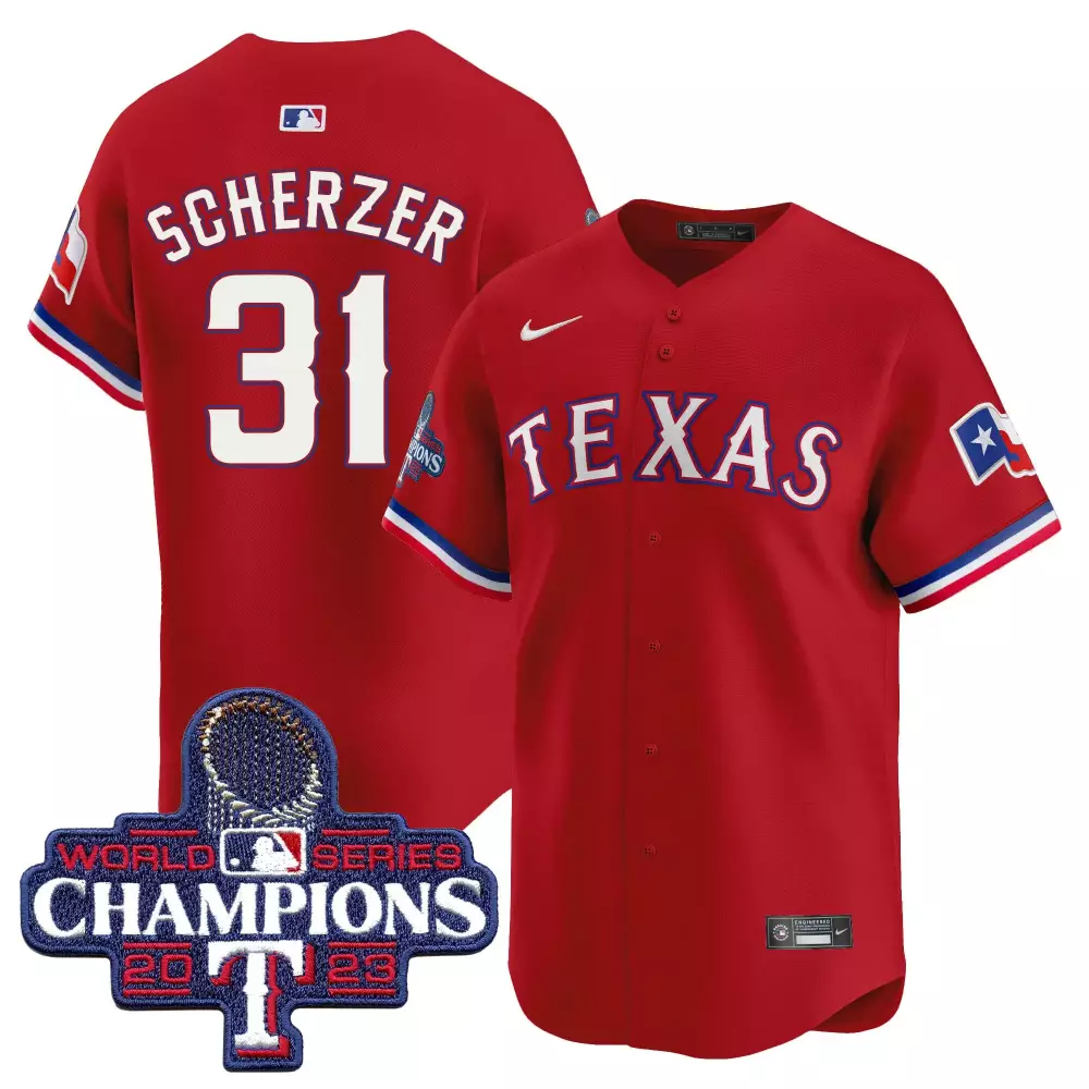 Max Scherzer 31 Texas Rangers Jersey Red World Series Champions 2023 Men White Blue