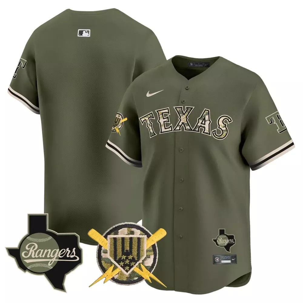 Custom Texas Rangers Jersey Olive Green Military Appreciation / Camouflage State Outline Lightning Bolts Stars