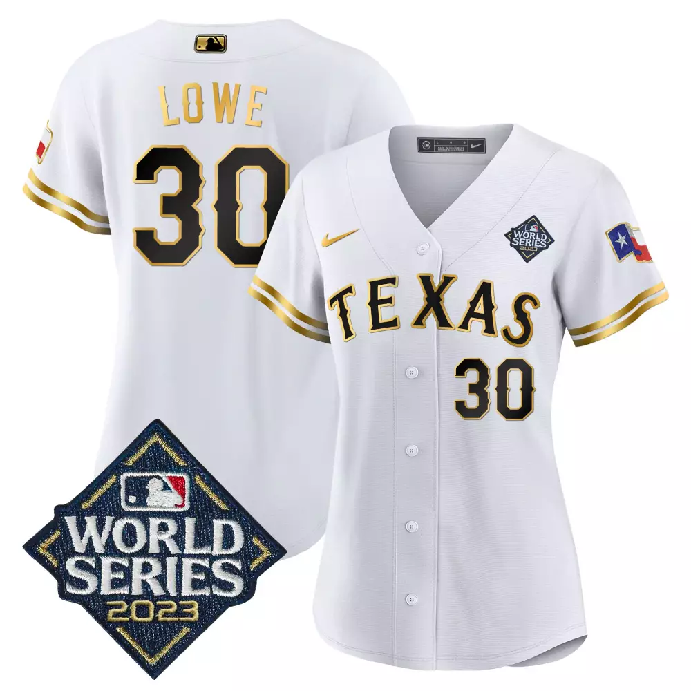 Nathaniel Lowe 30 Texas Jersey White 2023 World Series Men Black Gold v2 All Stitched