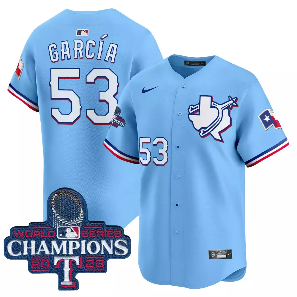 Adolis Garca 53 Texas Rangers Jersey Light Blue World Series Champions 2023 Men Alternate