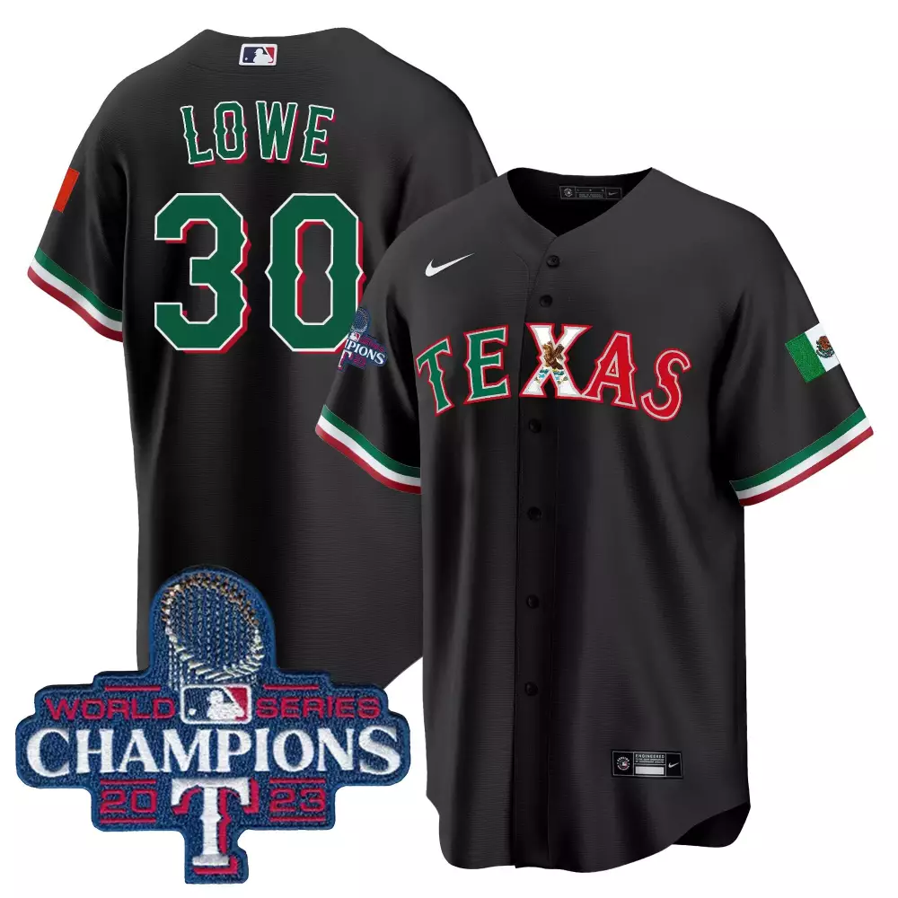 Lowe 30 Texas Rangers Jersey Black Mexico Series World Champions 2023 Men Alternate