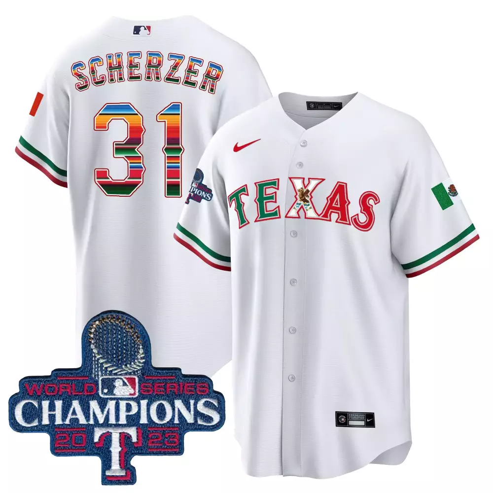 Max Scherzer 31 Texas Rangers Jersey White Mexican Heritage World Series Champions 2023