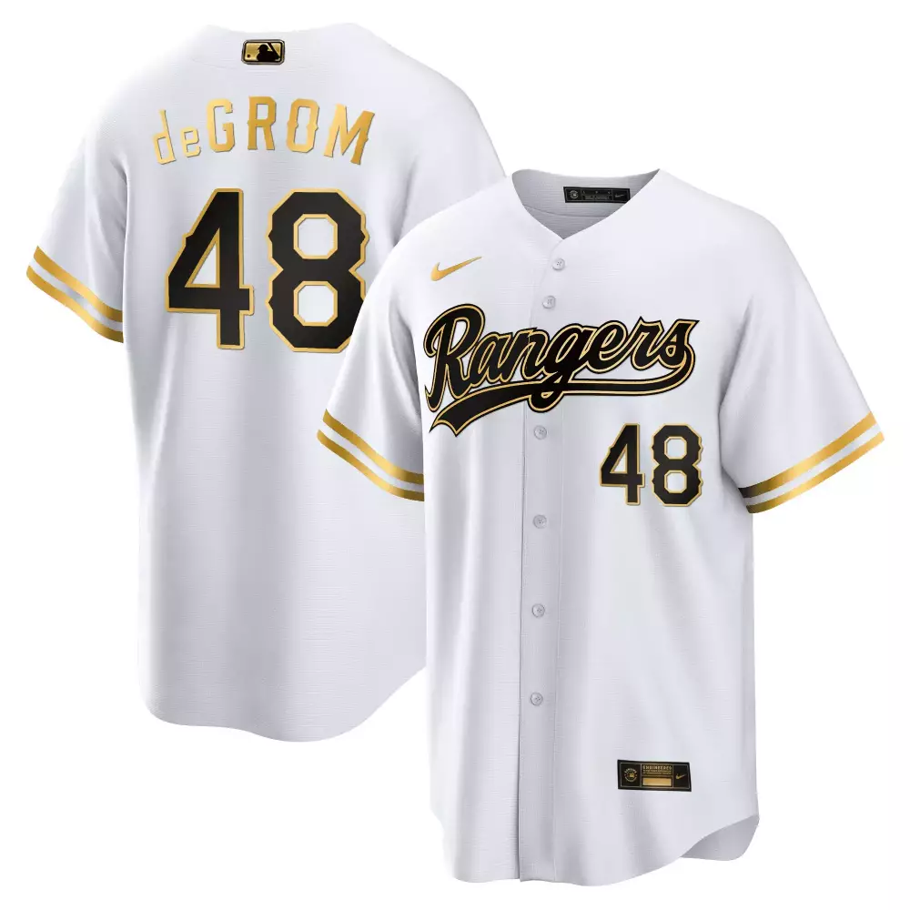 Jacob Degrom 48 Rangers Jersey White Authentic Collection Men Black Gold All Stitched