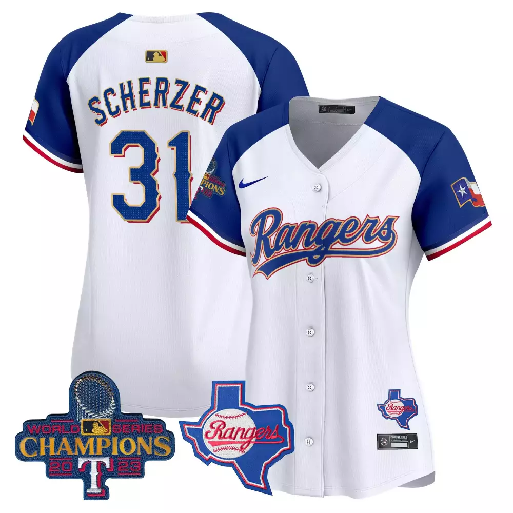 Max Scherzer 31 Rangers Jersey White 2023 World Series Champions Texas Men Blue Red