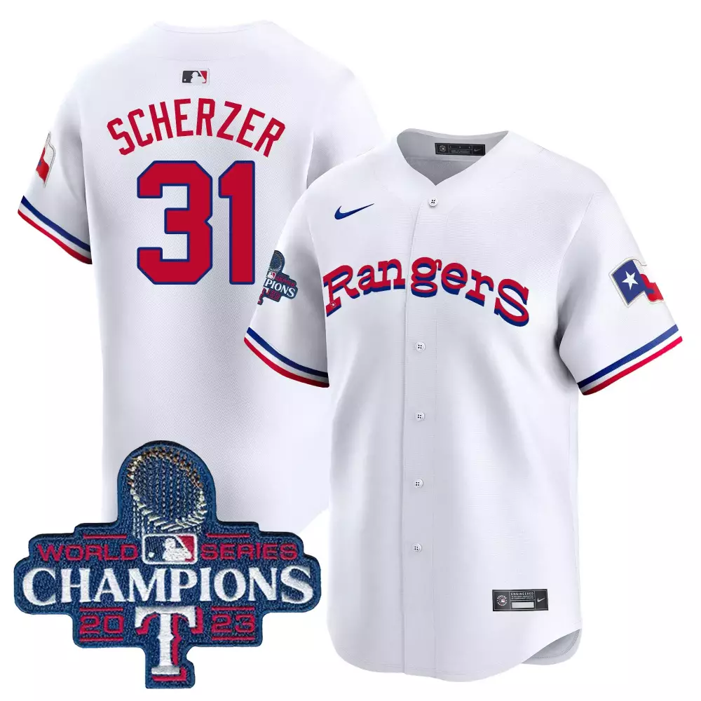 Max Scherzer 31 Rangers Jersey White World Series Champions 2023 Texas Flag Men Red