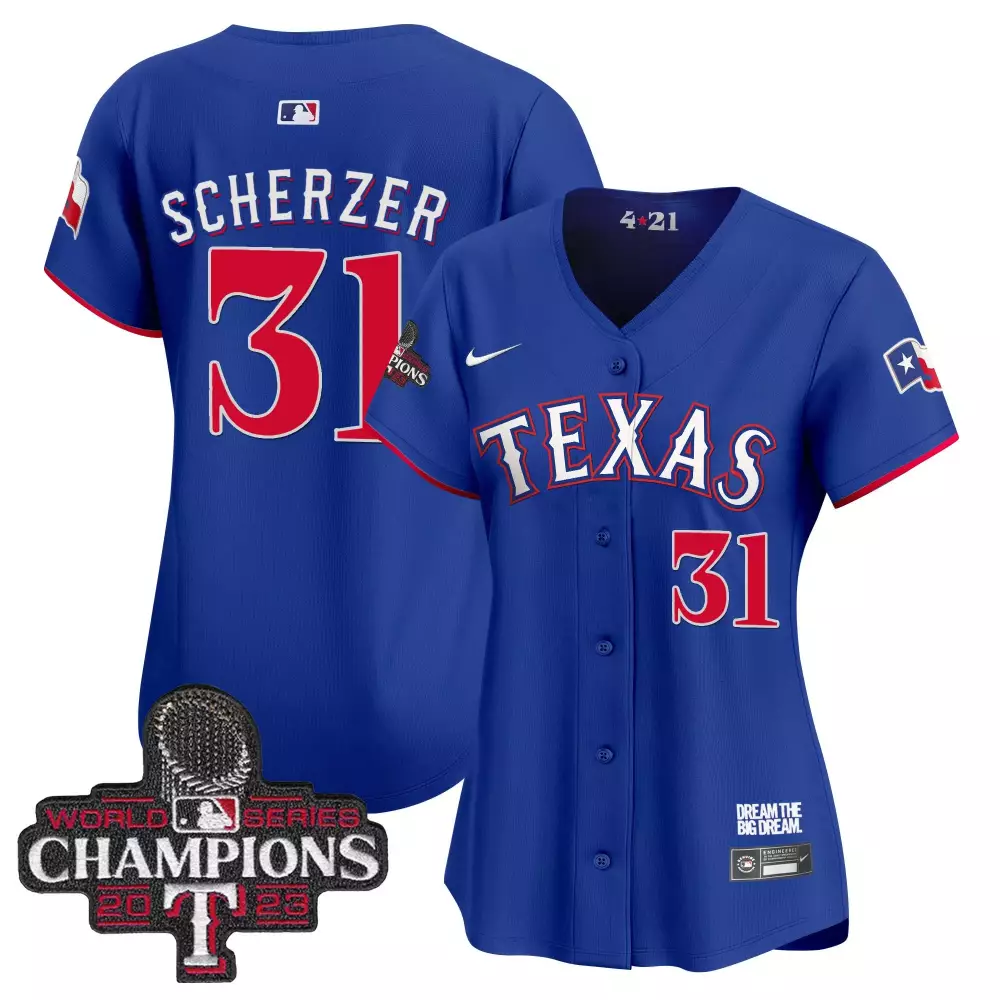 Max Scherzer 31 Texas Rangers Jersey Royal Blue World Series Champions 2023 Men Red