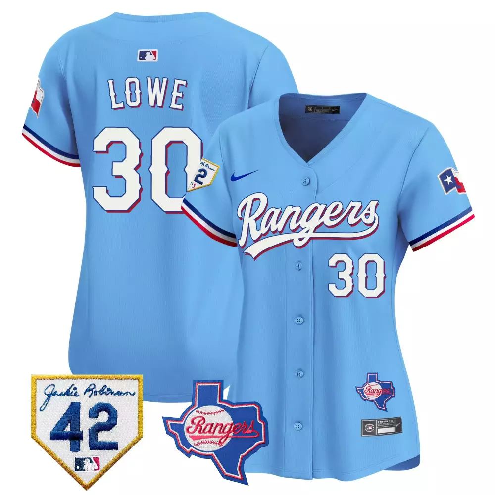 Lowe 30 Rangers Jersey Light Blue Jackie Robinson Day 42 Texas 2022 Women White Red