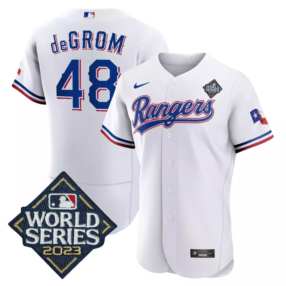 Jacob Degrom 48 Rangers Jersey White World Series 2023 Men Blue Red Flex Base v2