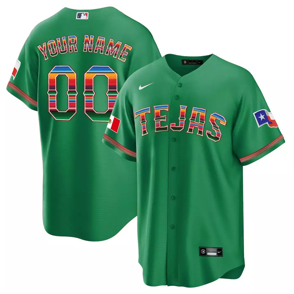 Custom Texas Rangers Jersey Green Mexican Flag Men Button-up Red White Blue Yellow