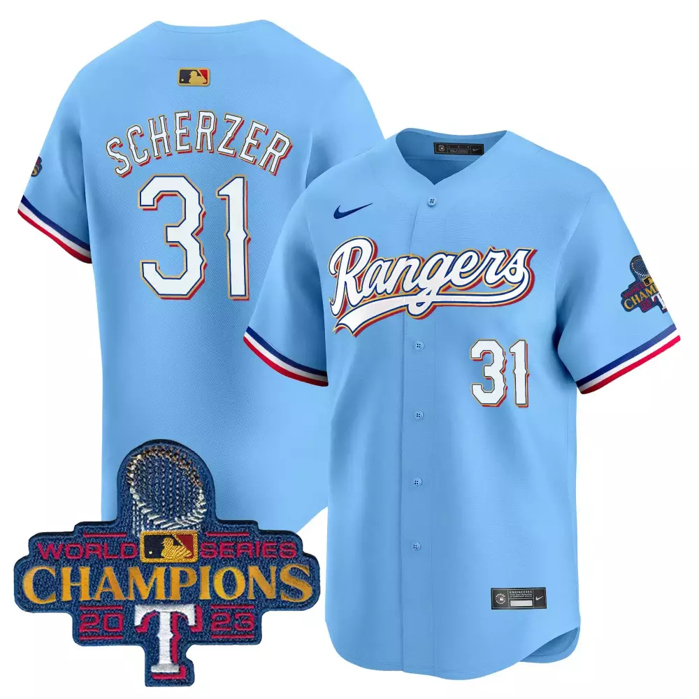 Max Scherzer 31 Rangers Jersey Light Blue World Series Champions 2023 Men White Red