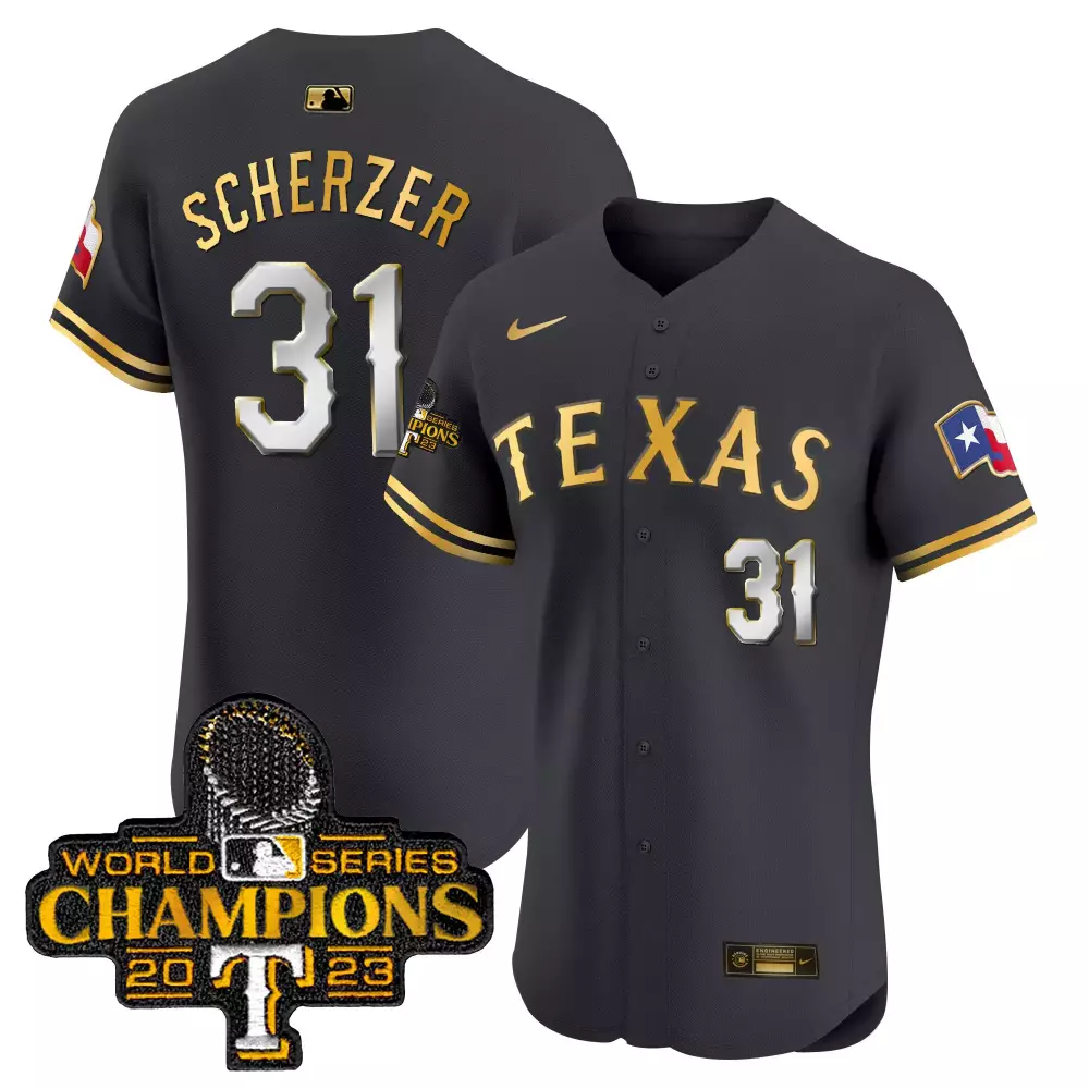 Max Scherzer 31 Texas Rangers Jersey Charcoal World Series Champions 2023 Men Gold