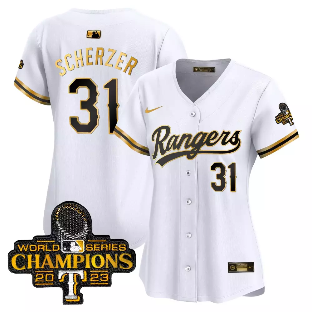 Max Scherzer 31 Rangers Jersey White World Series Champions 2023 Men Black Gold Vapor