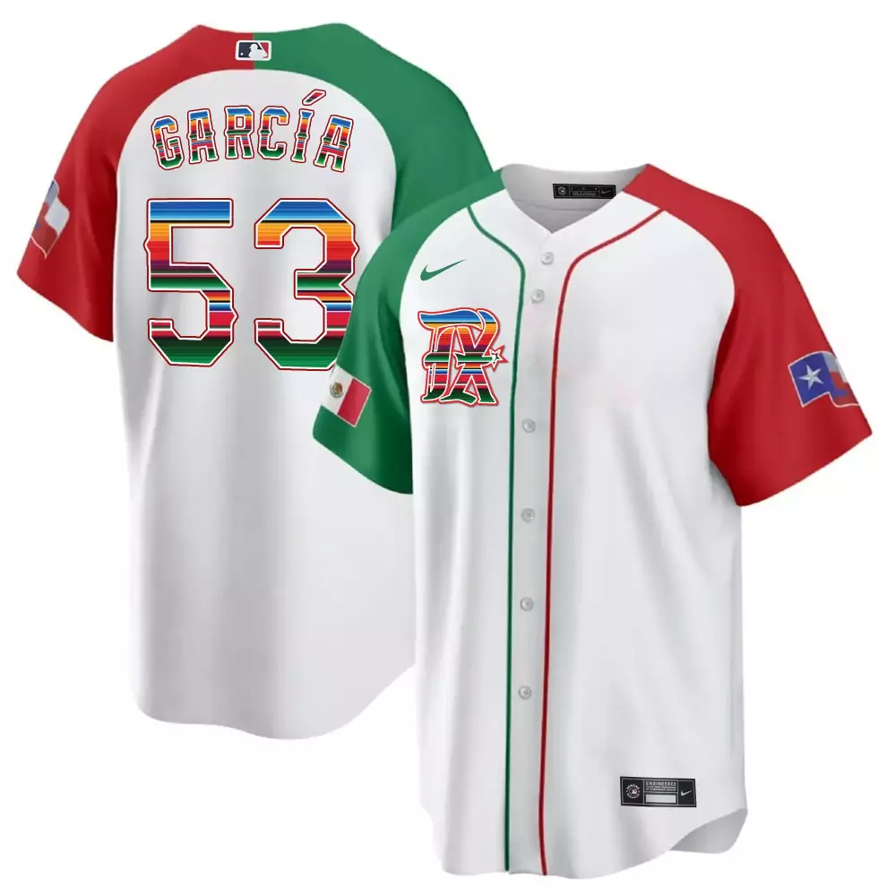 Adolis Garcia 53 Rojos Del Aguila Jersey White Cinco De Mayo Mexican Flag Texas 2023