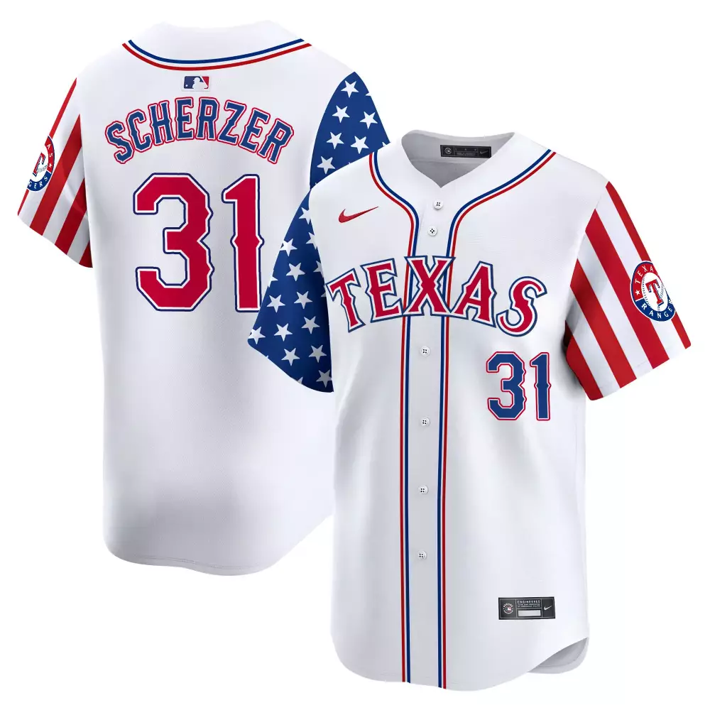 Max Scherzer 31 Texas Rangers Jersey White Men Custom Design Red Blue Vapor Premier
