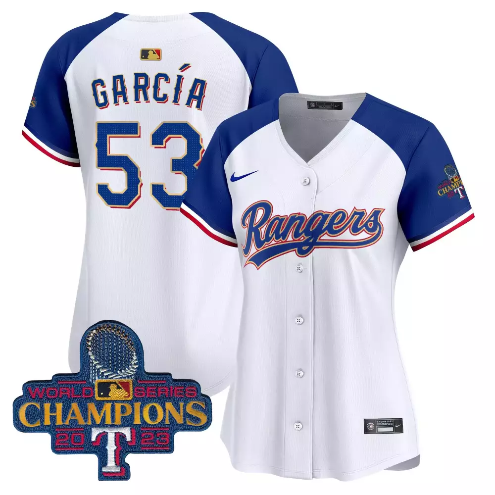 Adolis Garcia 53 Rangers Jersey White World Series Champions 2023 Women Royal Blue