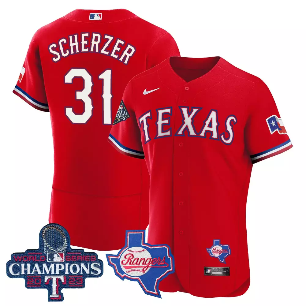 Max Scherzer 31 Texas Rangers Jersey Red World Series Champions 2023 Men White Blue