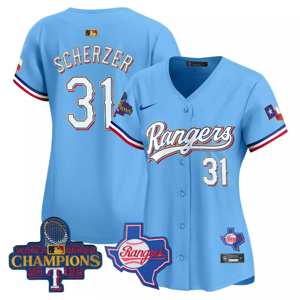 Max Scherzer 31 Rangers Jersey Light Blue 2023 World Series Champions Texas Shape