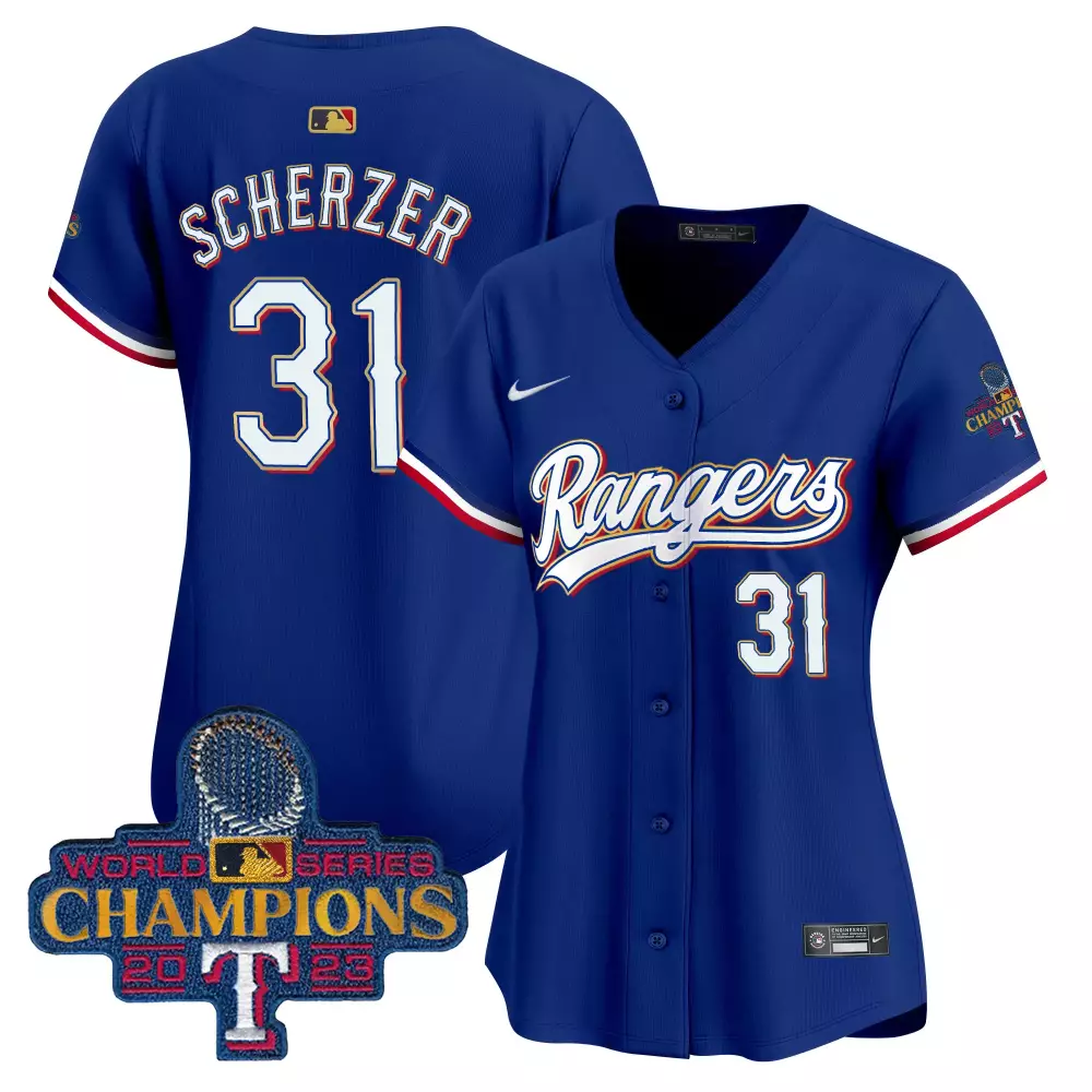 Max Scherzer 31 Rangers Jersey Blue World Series Champions 2023 Men White Red Vapor