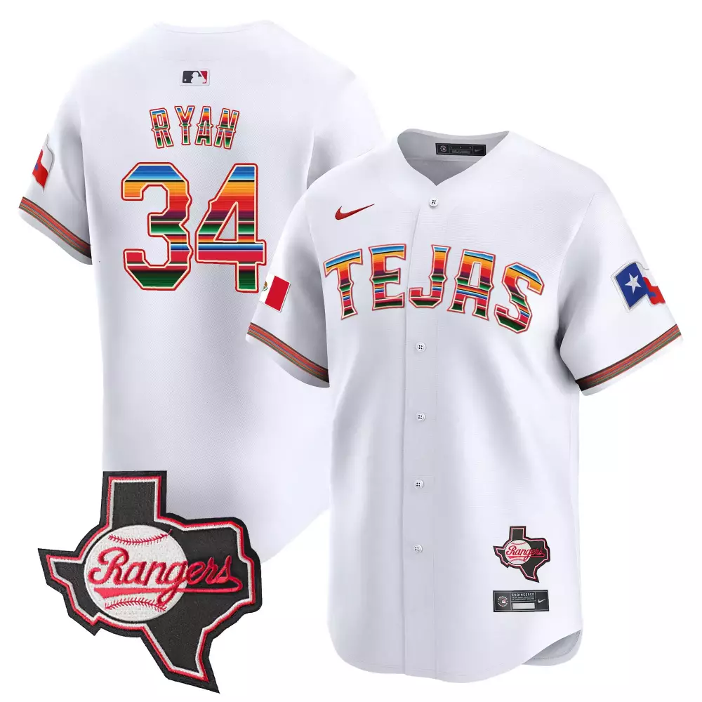 Nolan Ryan 34 Rangers Jersey White City Connect Texas Outline Baseball Mexican Flag
