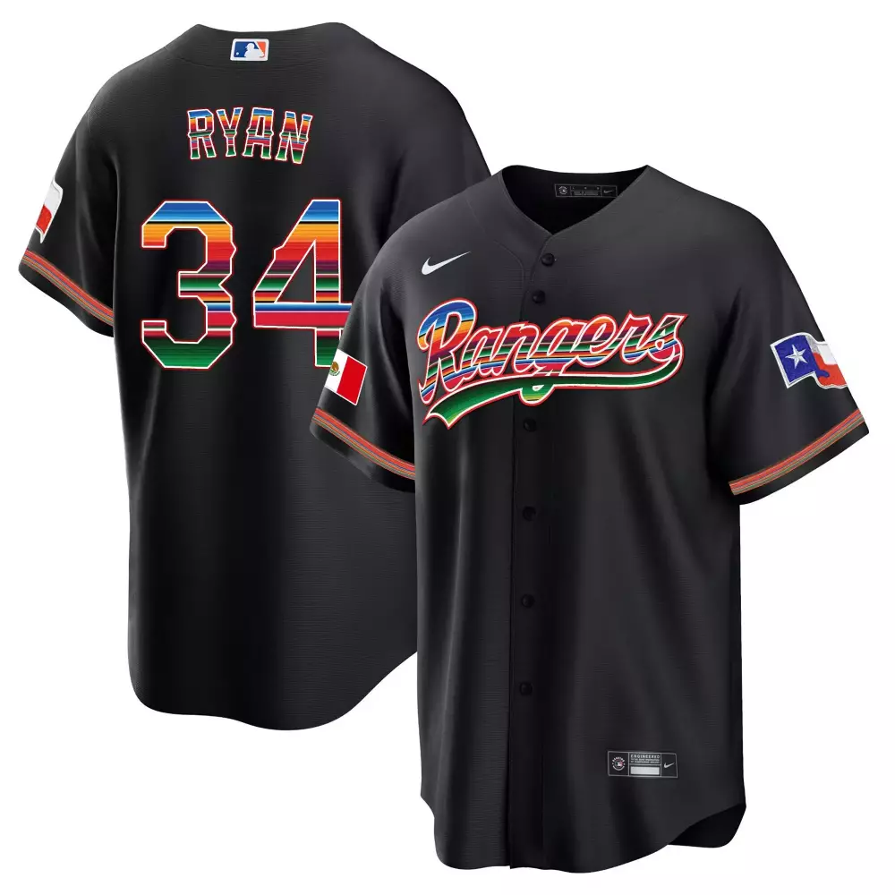 Nolan Ryan 34 Rangers Jersey Black Mexico Flag Texas Men Split Design Red Green Blue