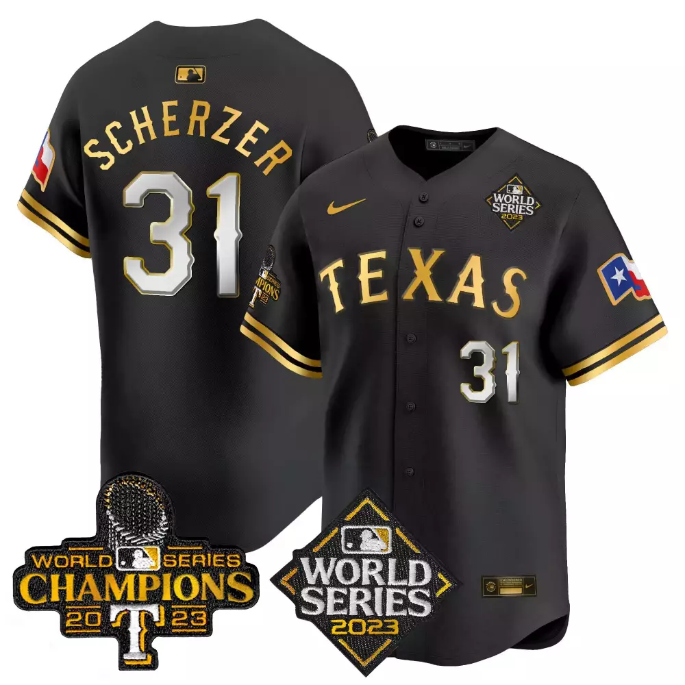 Max Scherzer 31 Texas Rangers Jersey Black 2023 World Series Champions Men Gold White
