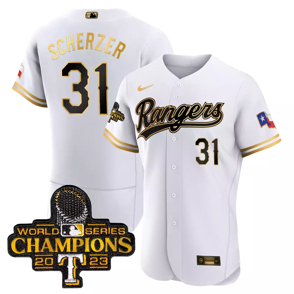 Max Scherzer 31 Rangers Jersey White World Series Champions 2023 Men Black Gold All