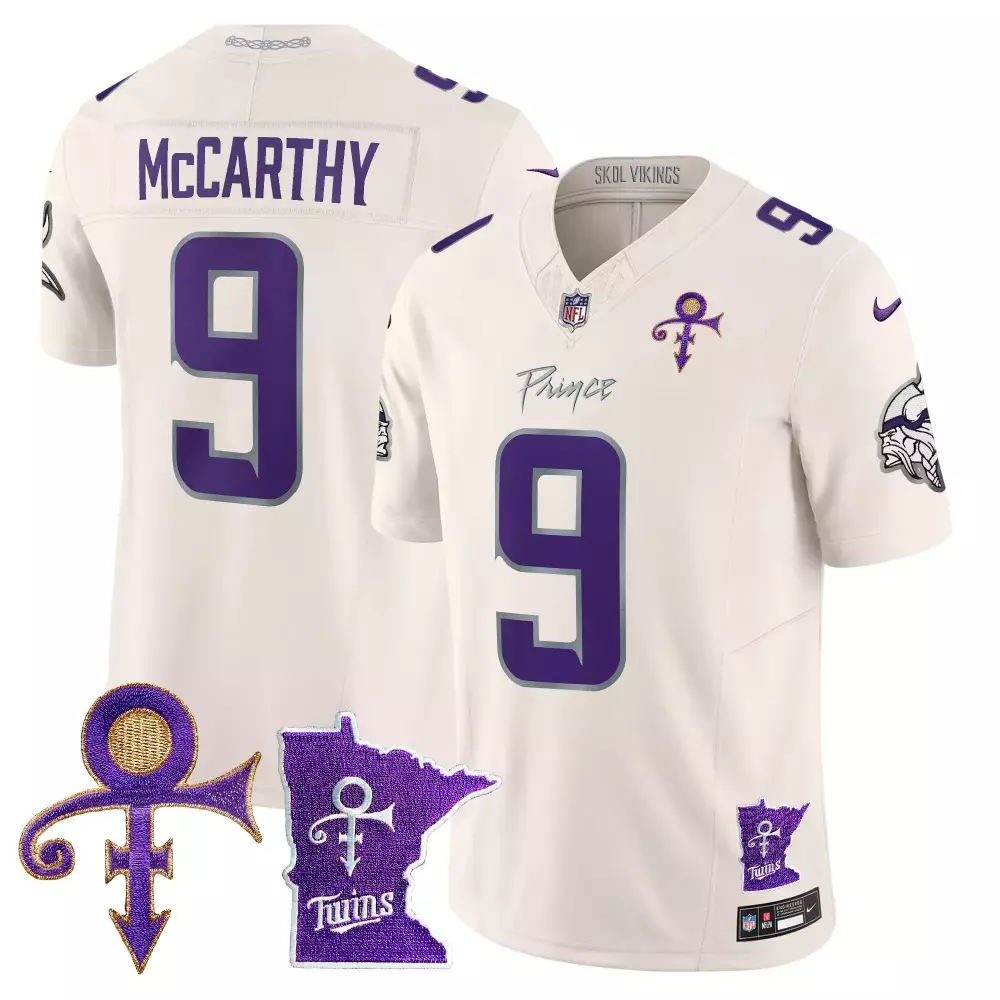 Jj Mccarthy 9 Minnesota Vikings Jersey White Prince Tribute Symbol Outline Twins