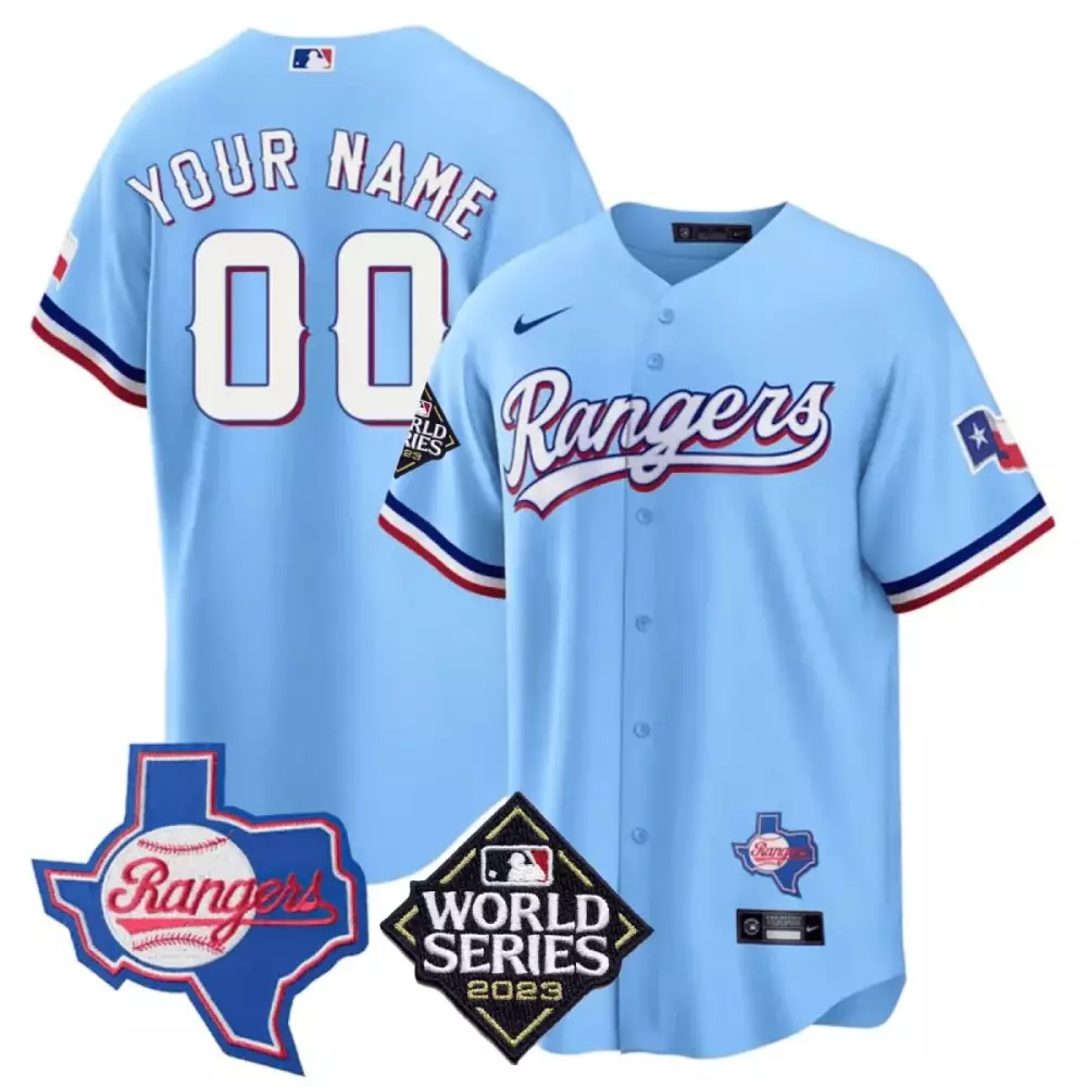 Custom Rangers Jersey Light Blue World Series 2023 Texas Men White Red All Stitched