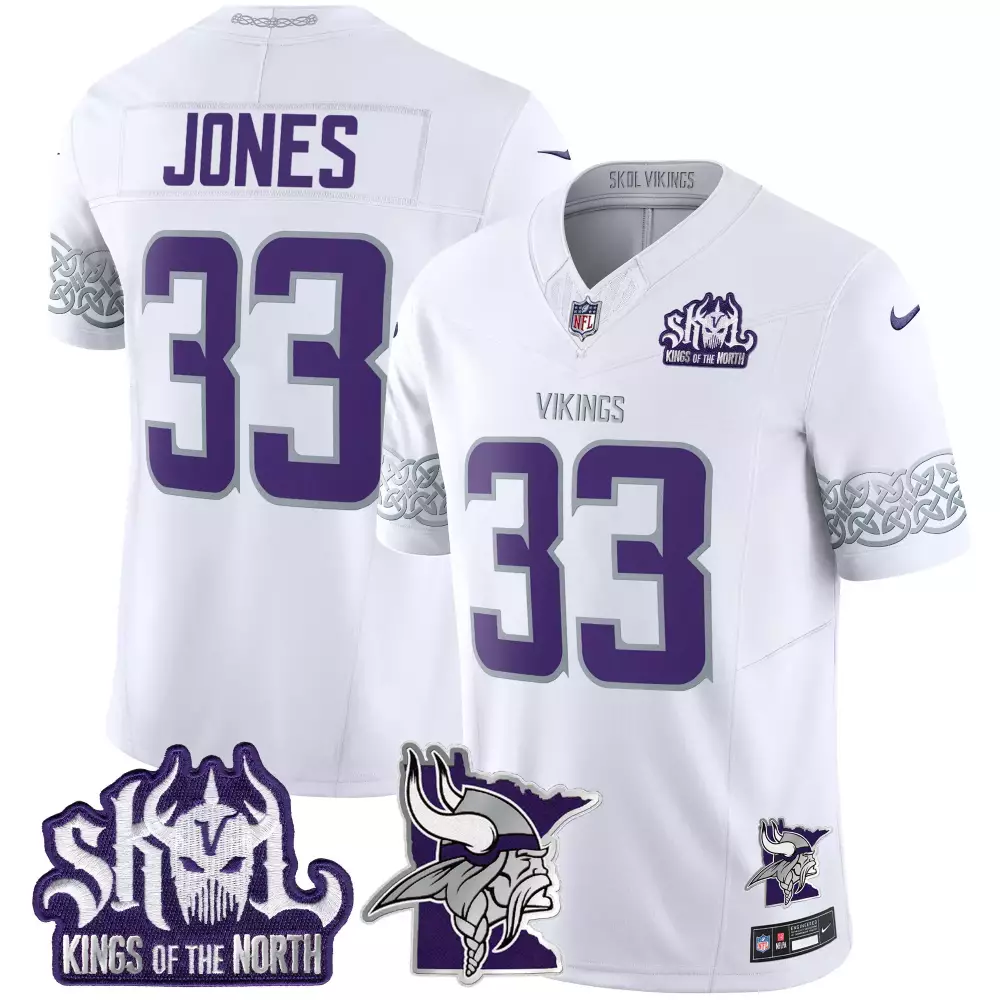 Aaron Jones 33 Vikings Jersey White Kings Of The North Skol Helmet Men NFL Purple