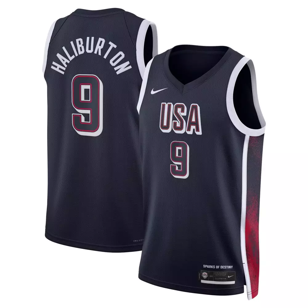 Tyrese Haliburton 9 USA Jersey Navy Sparks Of Destiny Basketball Men Split Design