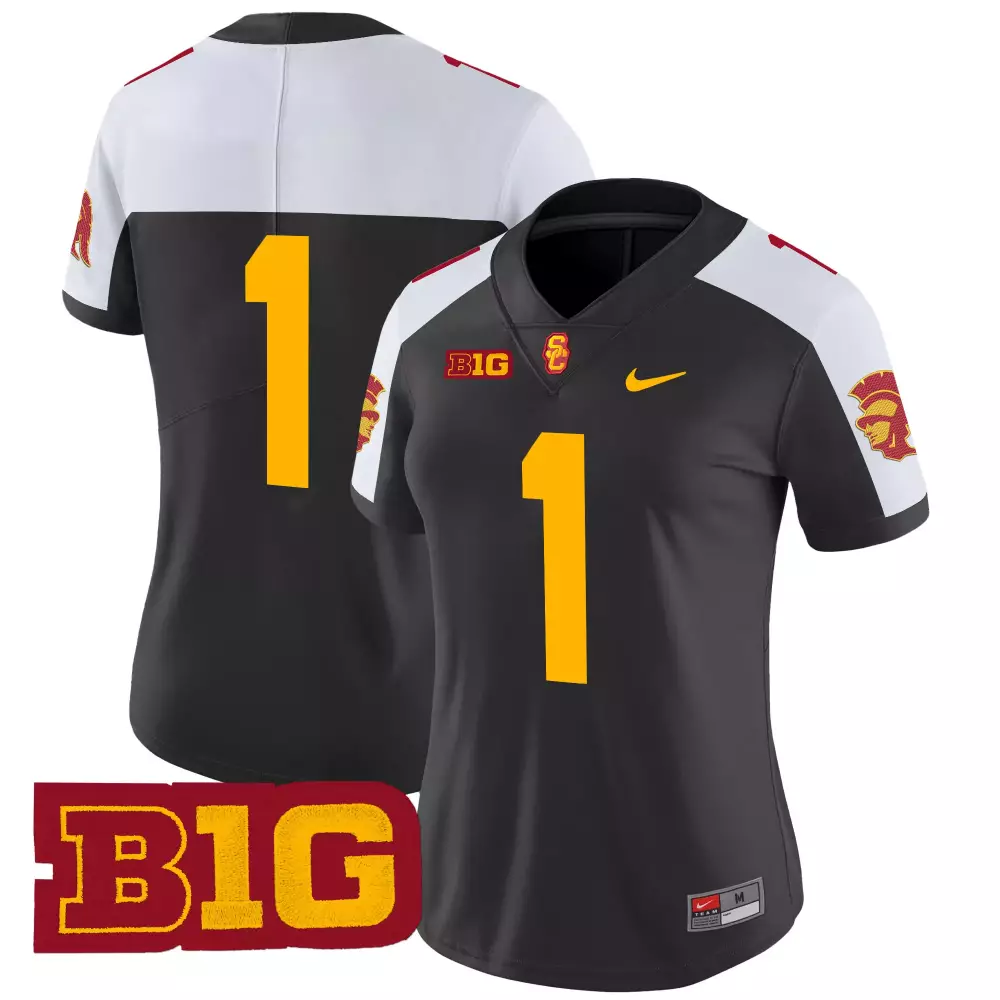 Trojans 1 Usc Jersey Black Big Ten Women Split Design Cardinal Red Gold White Stitched