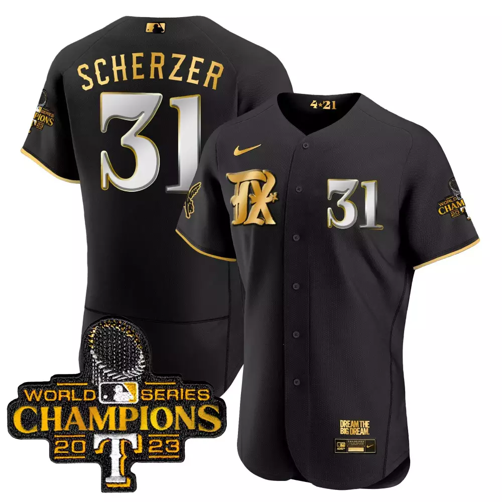 Max Scherzer 31 Texas Rangers Jersey Black World Series Champions 2023 Men Gold White