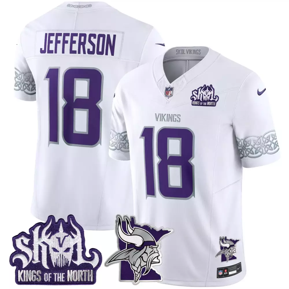 Justin Jefferson 18 Vikings Jersey White Skol Kings Of The North Men Alternate Purple